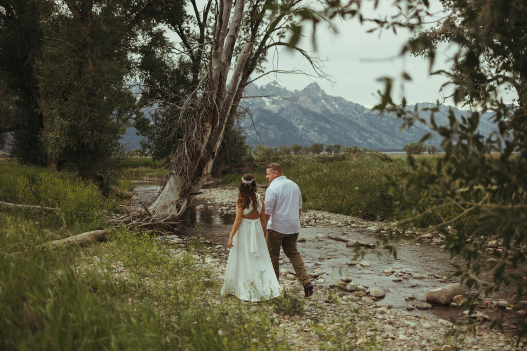 Bride and groom at their Airbnb in Driggs during Grand Teton elopement