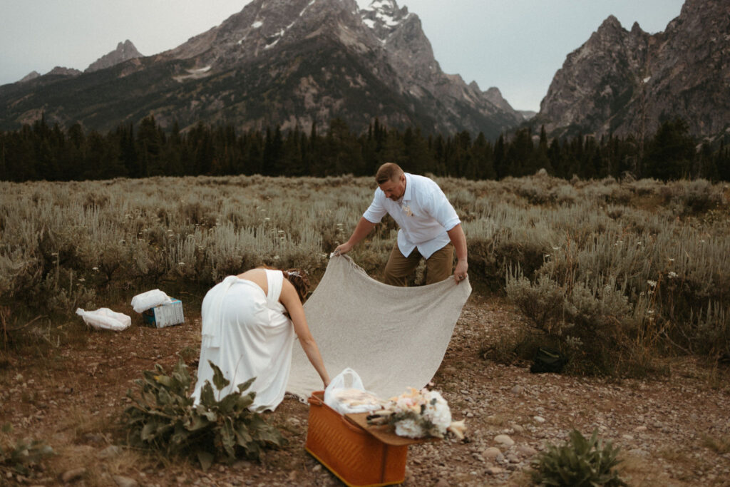 Bride and groom enjoying a picnic at Snake River Overlook