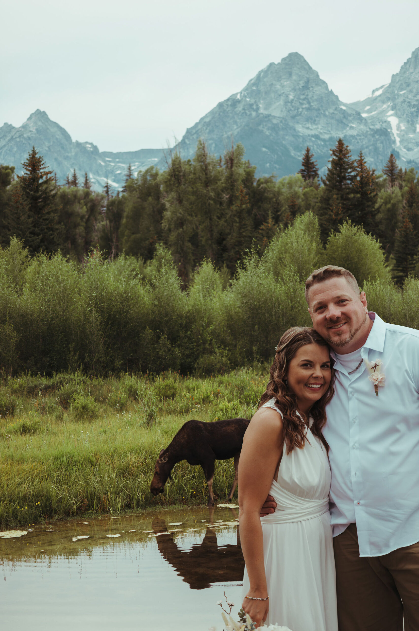 Couple eloping at Schwabacher Landing with a moose in the background during Grand Teton elopement