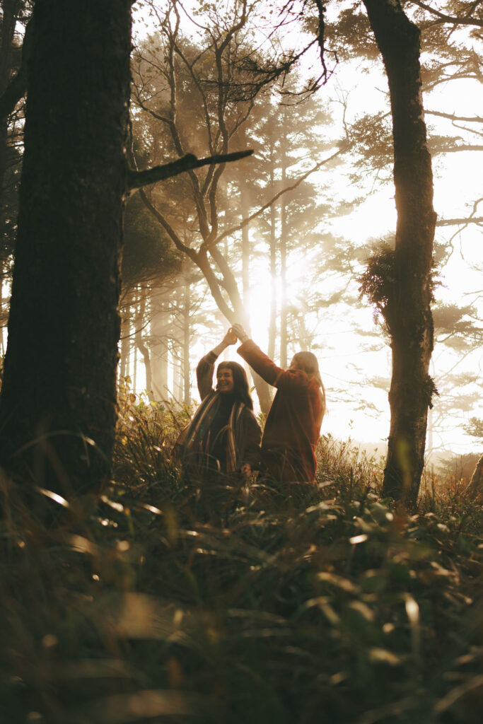 Sunlit forest adventure photoshoot in the Pacific Northwest